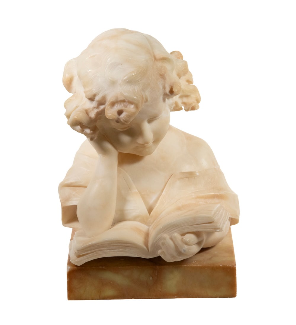 GILDED AGE MARBLE BUST OF CHILD READING: GILDED AGE MARBLE BUST OF CHILD READING Curly Haired Girl Reading a Book, with right arm supporting her head, carved alabaster, signed on pages of book "Giovanni Studio, S. Louis, 1901". Sitting