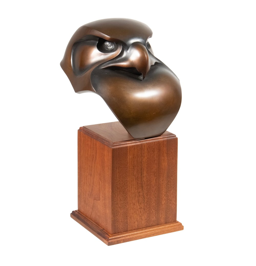 JAMES MCCAIN (CO/IA/NE, 1944 -): JAMES MCCAIN (CO/IA/NE, 1944 - ) "Falcon", cast and patinated bronze, signed on lower edge and marked "A/P, 1/2", mounted on mahogany block pediment. Size: 18 x 10 1/2 x 9 1/2 in. (45.7 x 26.7 x 24.1