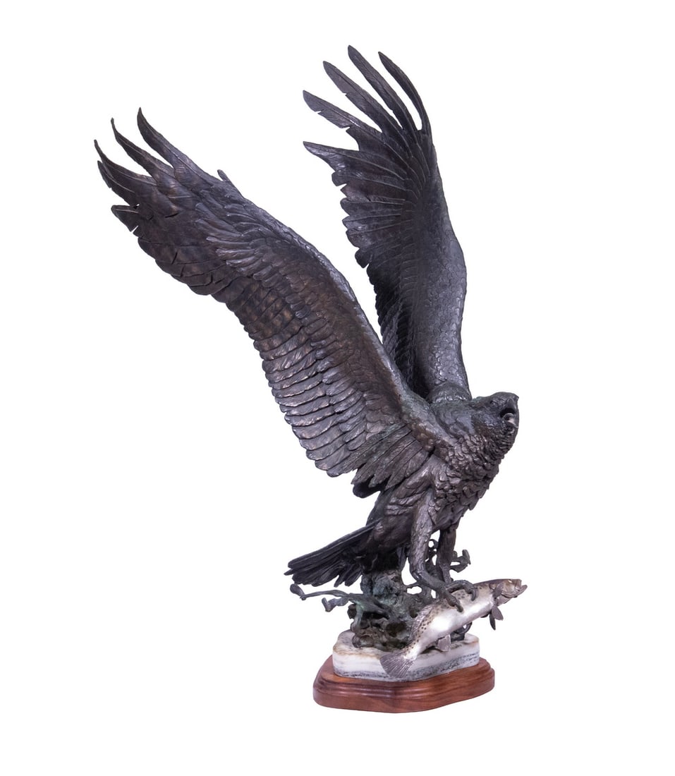 WILLIAM H. TURNER (VA, 1943 -): WILLIAM H. TURNER (VA, 1943 - ) "Osprey with Speckled Trout", cast and patinated bronze, the fish silvered. Cast in the Turner Foundry, signed lower back and dated 1985, numbered 5/25, includes COA.