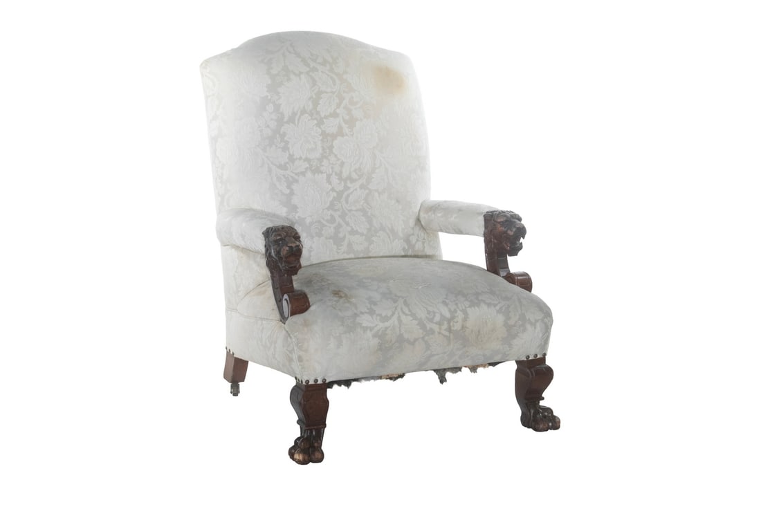VICTORIAN UPHOLSTERED ARMCHAIR WITH CARVED LION HEADS (1 of 6)