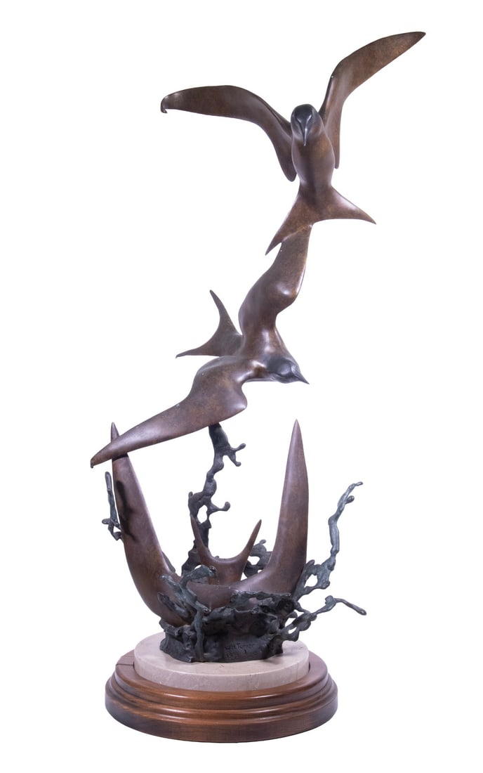 WILLIAM H. TURNER (VA, 1943 -): WILLIAM H. TURNER (VA, 1943 - ) "Feeding Terns"", cast and patinated bronze, cast in the Turner Foundry, signed and dated 1988 includes COA , numbered 1/25. On integral wood and marble base. Size: 35