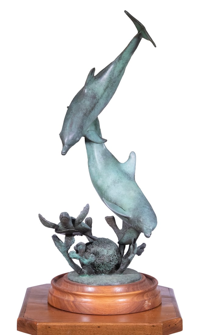 WILLIAM H. TURNER (VA, 1943 -): WILLIAM H. TURNER (VA, 1943 - ) "Dolphins and Loggerhead Turtle," cast and patinated bronze, cast in the Turner Foundry, unsigned includes COA , numbered 4/50. On wooden integral base. Size: 28 x 11