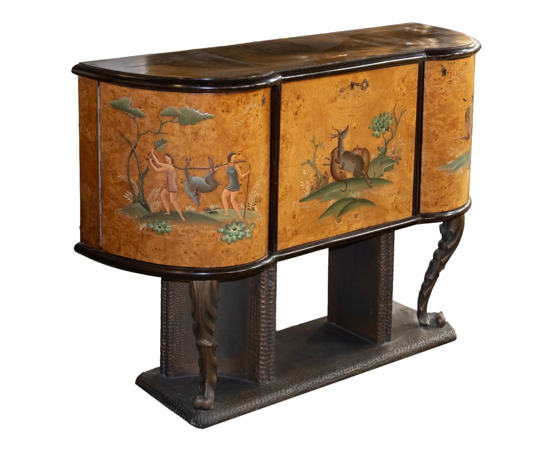 CIRCA 1925 FRENCH ART DECO BAR CABINET: CIRCA 1925 FRENCH ART DECO BAR CABINET Tripled Bow Front Dry Bar Cabinet in Birdseye maple and black lacquer, decorated with the raised pigment Huntress Artemis returning with game in International