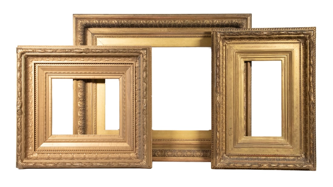 (3) PERIOD HUDSON RIVER SCHOOL FRAMES, GILT GESSO: (3) PERIOD HUDSON RIVER SCHOOL FRAMES, GILT GESSO All typical Deep Cove, with overall gesso decoration, the largest having a label for a Bierstadt at Menconi & Schoelkopf Fine Arts of E 69th St, NY,