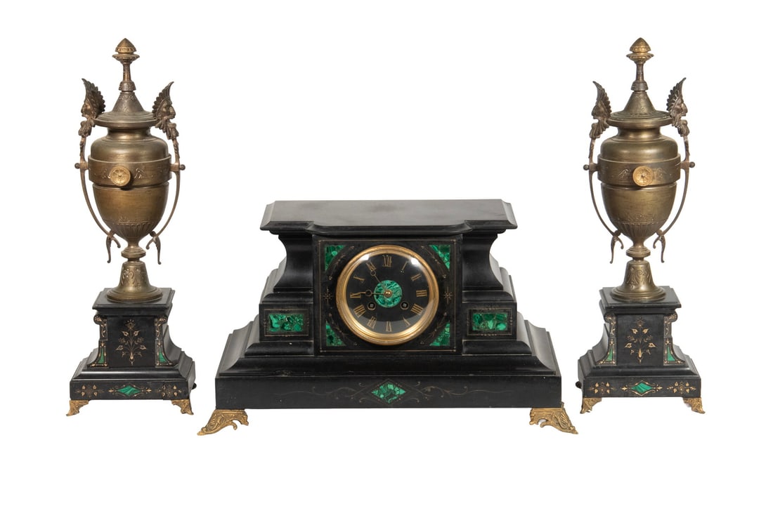 (3 PC) 19TH C. TIFFANY & CO. SLATE & MALACHITE GARNITURE SET (1 of 4)