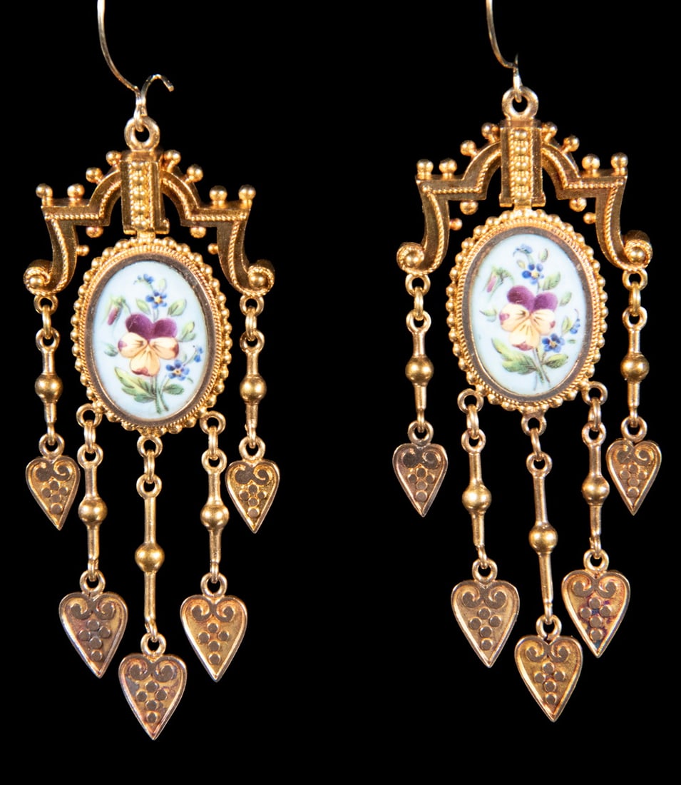 PR VICTORIAN 14K GOLD HAND PAINTED ENAMEL EARRINGS: PR VICTORIAN 14K GOLD HAND PAINTED ENAMEL EARRINGS A pair of Victorian-period 14K gold pendant earrings, each centered with an oval hand-painted enamel panel depicting floral motifs within beaded gold