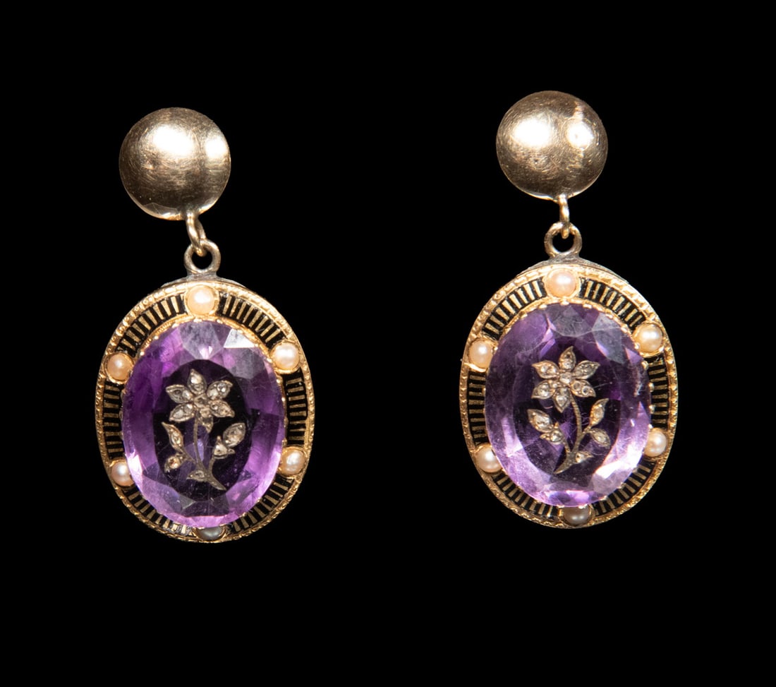 PR 18K GOLD, AMETHYST AND DIAMOND EARRINGS: PR 18K GOLD, AMETHYST AND DIAMOND EARRINGS A pair of 18K yellow gold drop earrings set with oval faceted amethysts, each measuring approximately 17.88 x 13.72 mm, centrally decorated with applied gold