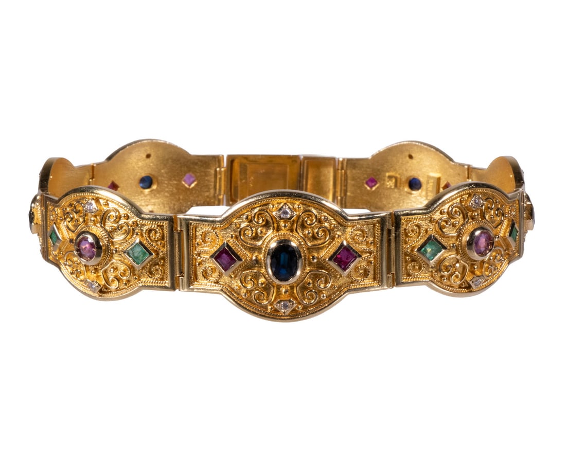 GREEK 18K GOLD, SAPPHIRE, RUBY, EMERALD, AND DIAMOND BRACELET (1 of 2)