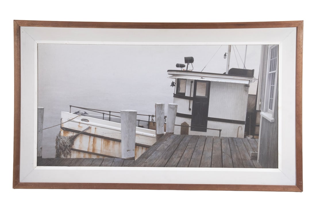VERN BROE (ME/IL, 1930-2011): VERN BROE (ME/IL, 1930-2011) Lobster Boat at Foggy Dock, oil on masonite, unsigned but with artist's estate stamp verso, in mahogany box frame with grey and white painted liner. OS: 18 1/2 x 31 1/2 in