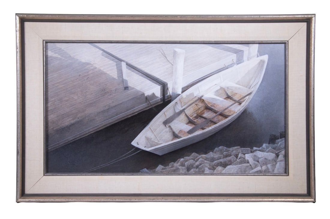 VERN BROE (ME/IL, 1930-2011): VERN BROE (ME/IL, 1930-2011) Moored Dory, oil on masonite, signed lower left, in silver and black mitered frame with linen liner. OS: 19 x 30 3/4 in. (48.3 x 78.1 cm.), SS: 13 3/8 x 24 1/2 in. (34 x