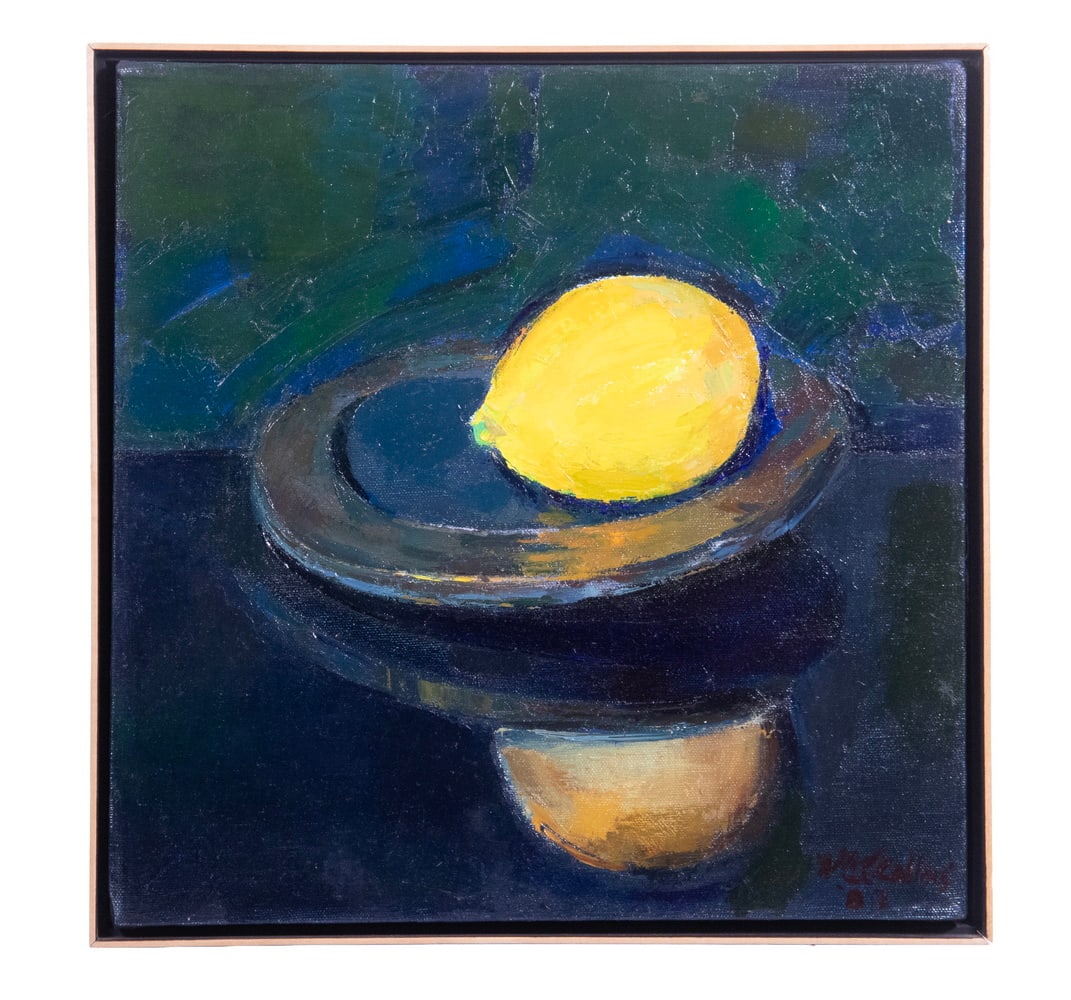 WILLIAM CHARLES COLLINS (ME/MA/OH, 1925-2007): WILLIAM CHARLES COLLINS (ME/MA/OH, 1925-2007) "Lemon on a Plate". Oil on canvas, signed lower right and dated '89. titled on label verso from an exhibition in May '96, giving an original price of $250