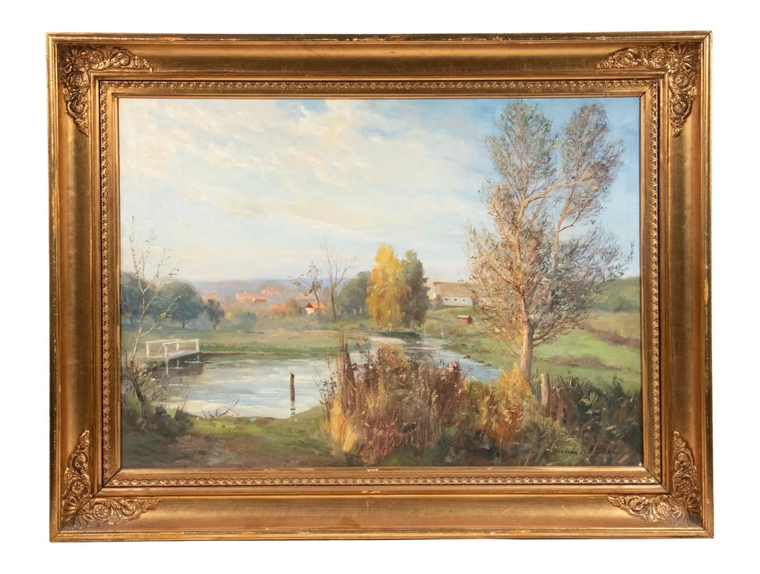 BERNARD COREY (MA, 1914-2000): BERNARD COREY (MA, 1914-2000) Berkshire Valley Farm with Pond, oil on canvas, signed lower right, in matched corner gilt cove frame, two repaired punctures in sky upper left. OS: 26 x 34 in. (66 x 86.