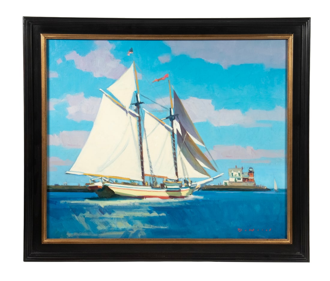 31 KEN DEWAARD (CONTEMPORARY MAINE): 31 KEN DEWAARD (CONTEMPORARY MAINE) "Out to Sea (Rockland, Maine), oil on canvas, signed lower right, titled verso, in dark molded panel frame with gold liner. OS: 23 1/2 x 27 1/2 in. (59.7 x 69.9
