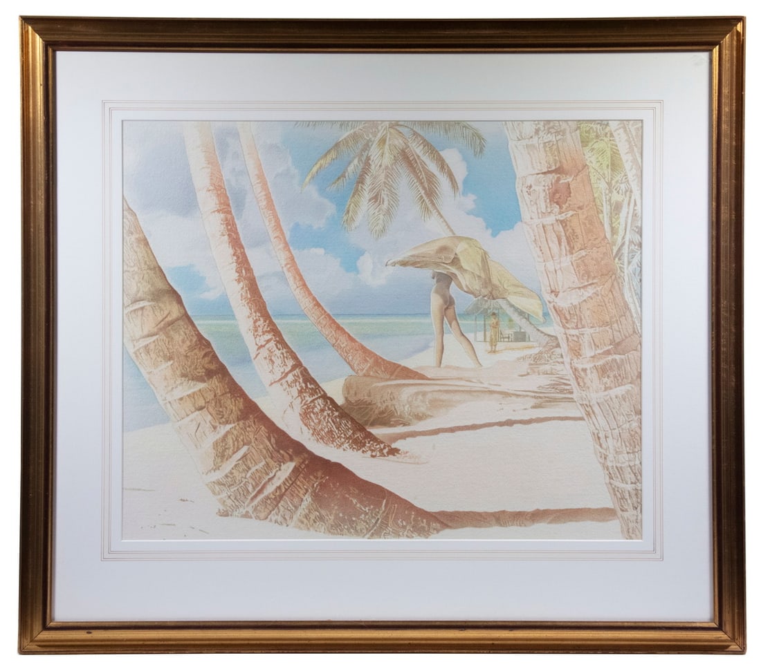 ALEX GNIDZIEJKO (NJ/ME, 1943 -): ALEX GNIDZIEJKO (NJ/ME, 1943 - ) "Sea Breeze", aquatint etching, depicting a nude with fluttering wrap posing for a photographer between beach palms, pencil signed in image lower right, in gold
