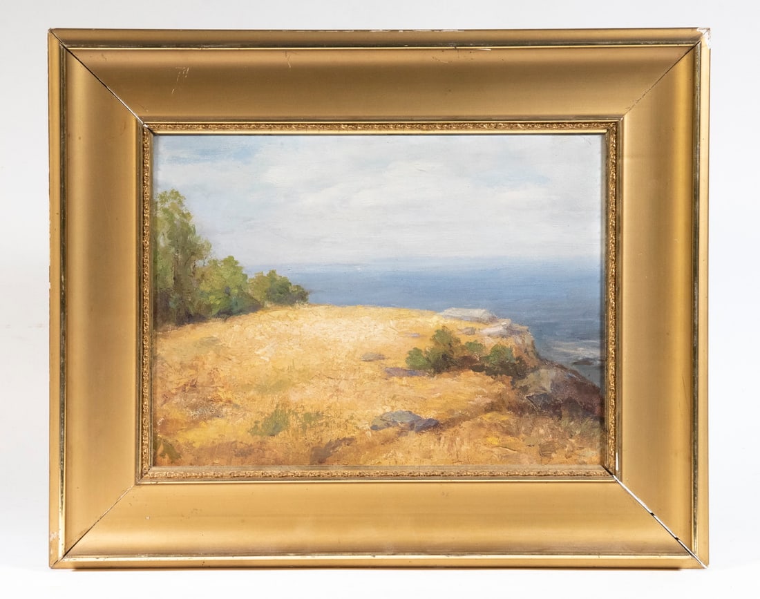 ANNIE ELIZA HARDY (ME, 1839-1934): ANNIE ELIZA HARDY (ME, 1839-1934) "Coombs Point, Islesboro, Long Island, Penobscot Bay, Maine", oil on academy board, signed and titled verso, circa 1910, in simple gold cove frame. Good condition. OS