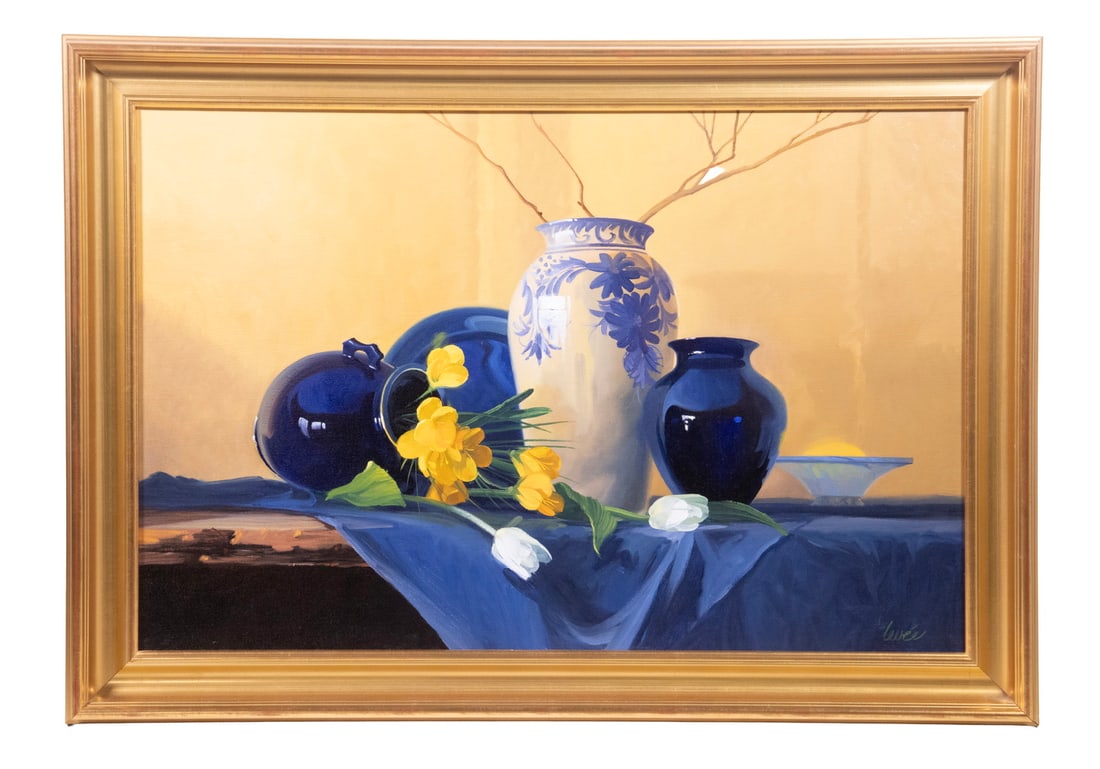 GAYLE LEVEE (CONTEMPORARY ME/MA/NM): GAYLE LEVEE (CONTEMPORARY ME/MA/NM) Large Tabletop Still Life with blossoms and branch in Asian tall vase flanked by cobalt glass vases, oil on canvas, signed lower right, original price of $1200, in