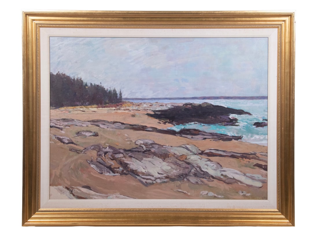 DAVID LITTLE (ME, 1951 -): DAVID LITTLE (ME, 1951 - ) "Winter Beach, Maine Coast, Georgetown", oil on canvas, signed lower right, dated '93 on face, marked 1989-1993 and with title verso. In gold molded cove frame with linen