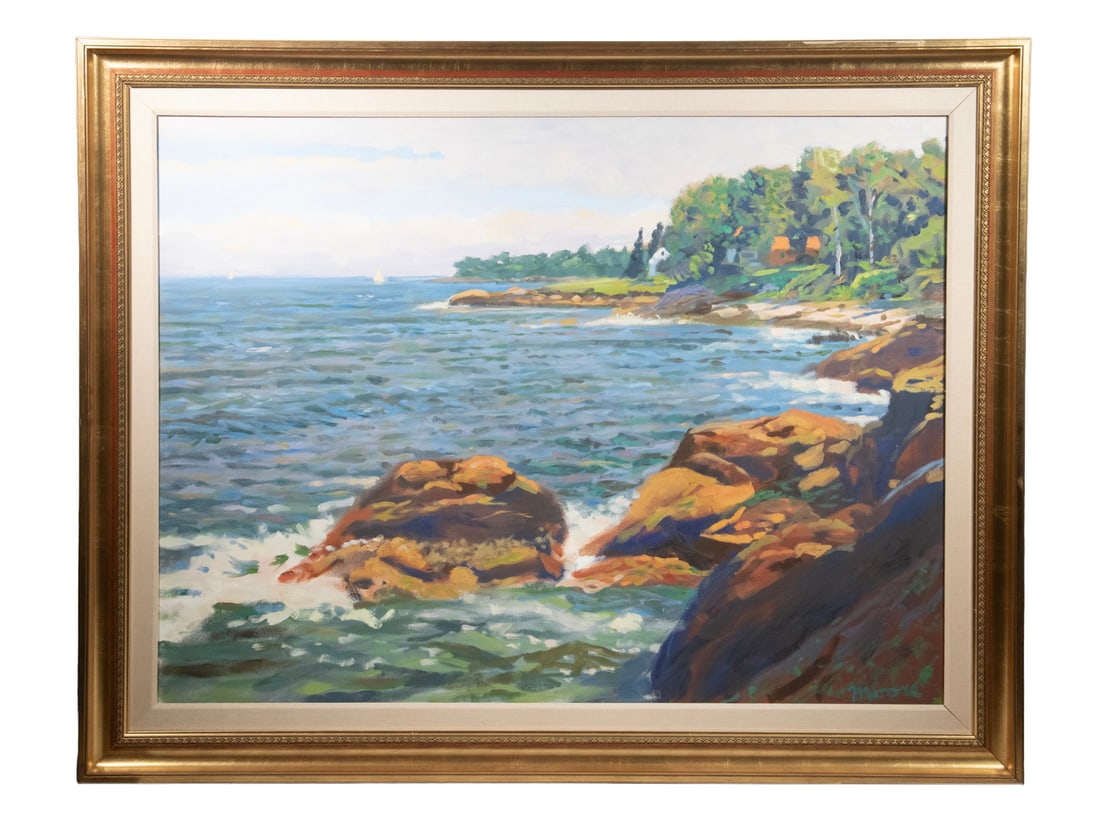 SCOTT MOORE (ME/DC, 1953 -): SCOTT MOORE (ME/DC, 1953 - ) "State Park Shore", monumental oil on canvas, signed lower right, titled on label verso from Pine Tree Shop and Bay View Gallery of Camden, Maine. Also has label verso