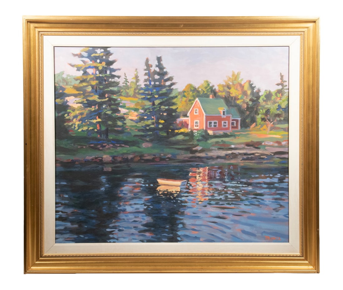 SCOTT MOORE (ME/DC, 1953 -): SCOTT MOORE (ME/DC, 1953 - ) "Red House Reflected", monumental oil on canvas, signed lower right, titled on label verso from Pine Tree Shop and Bay View Gallery of Camden, Maine. Also has label verso