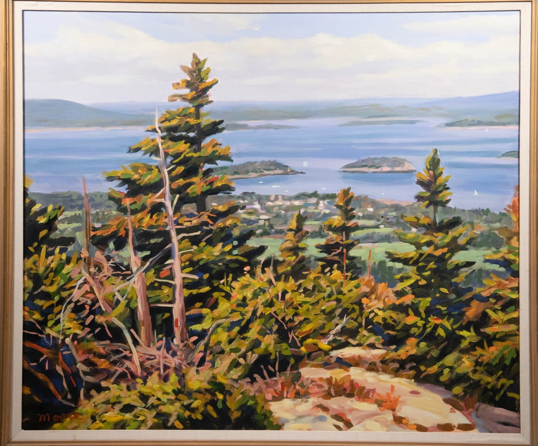 SCOTT MOORE (ME/DC, 1953 -): SCOTT MOORE (ME/DC, 1953 - ) "Frenchman Bay from Cadillac", monumental oil on canvas, signed lower left, titled on label verso, with original price of $4200. Also with MBNA inventory number. In gold