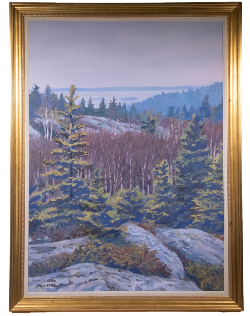 SCOTT MOORE (ME/DC, 1953 -): SCOTT MOORE (ME/DC, 1953 - ) Pine and Birch Coastal Landscape, monumental oil on canvas, signed lower left, unmarked otherwise, other than label verso from the MBNA collection. In gold molded cove