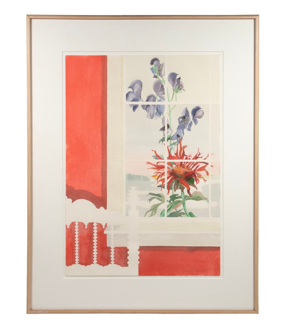 DAPHNE MUMFORD (NY/ME/CT, 1935 -): DAPHNE MUMFORD (NY/ME/CT, 1935 - ) "Monk's Hood with Bee Balm", watercolor on paper, signed lower right, titled verso, circa 1980. In maple slat frame, floated within mat over white board, under plexi