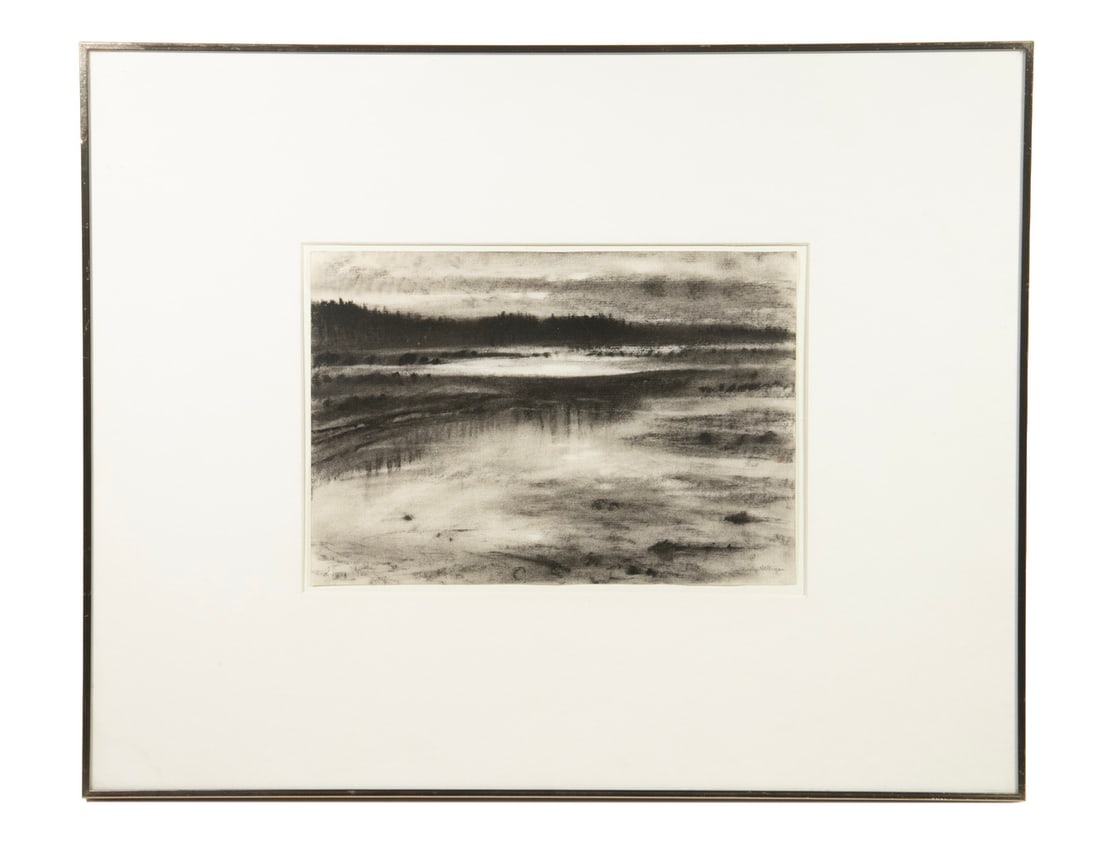 EMILY NELLIGAN (ME/CT, 1924-2008): EMILY NELLIGAN (ME/CT, 1924-2008) "Great Cranberry Island," charcoal on paper, signed lower right, marked with artist's address verso. In metal casement frame, matted under glass. Emily Nelligan was