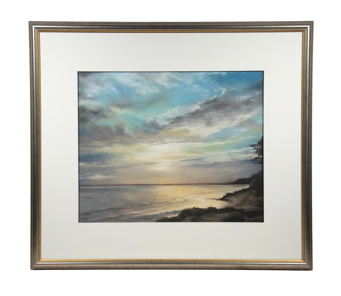 JOANNE PARENT (BELFAST, MAINE): JOANNE PARENT (BELFAST, MAINE) "Ethereal" depicting an ocean sunrise over Maine, pastel on board, signed lower left, titled and titled verso and dated '08. In gold and silver molded frame, matted