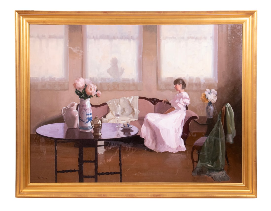 DENNIS PERRIN (ME/LA/KS, 1950 -): DENNIS PERRIN (ME/LA/KS, 1950 - ) Woman in Tranquil Parlor, in Summer Light, oil on canvas, signed lower left, in gilt cove frame. OS: 41 1/2 x 53 1/2 in. (105.4 x 135.9 cm.), SS: 35 1/2 x 47 1/2 in.