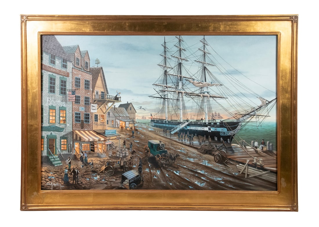 JOHN RICHARD PERRY (ROCKLAND, MAINE, 1945 -): JOHN RICHARD PERRY (ROCKLAND, MAINE, 1945 - ) The U.S.S. Constitution at Dock oil on canvas, signed lower left and dated 2006. In gilt molded panel frame. OS: 29 1/2 x 41 1/2 in. (74.9 x 105.4 cm.),