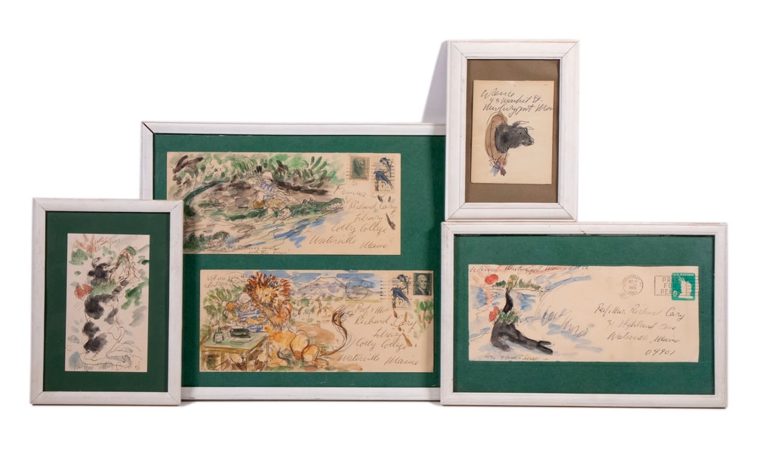 WALDO PEIRCE (ME/MA/NY, 1884-1970): WALDO PEIRCE (ME/MA/NY, 1884-1970) (5) Artist Illustrated Envelopes in (4) frames, watercolor and ink, featuring anthropomorphic bulls, lion, seal, and alligator. Some are addressed to Professor