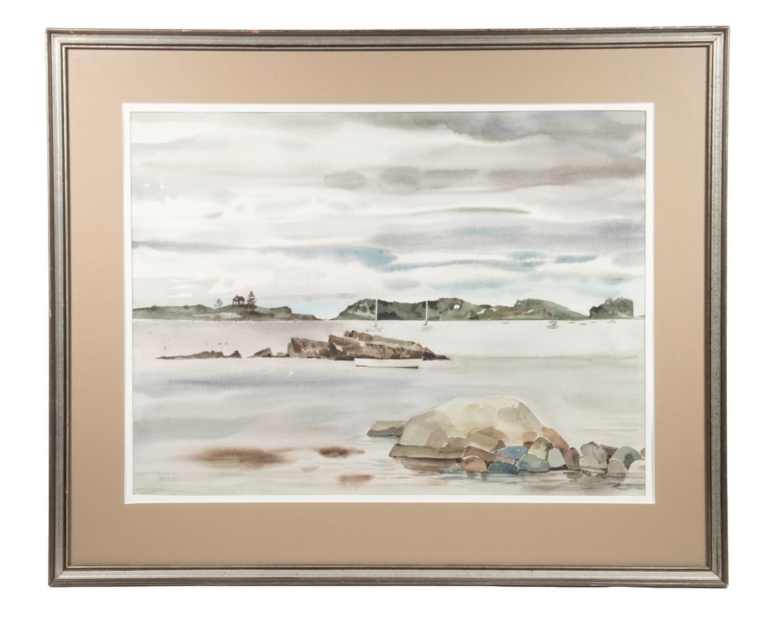 ALBERT JOHN PUCCI (NY/ME, 1920-2005): ALBERT JOHN PUCCI (NY/ME, 1920-2005) "Storm over Harpswell Sound," watercolor on BFK paper, signed lower left and dated '85. In silver and grey molded frame, matted under glass. OS: 25 x 30 1/2 in.