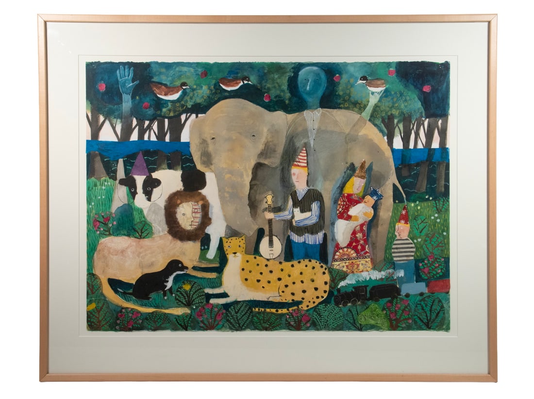 DONALD SAAF (CHERRYFIELD, ME): DONALD SAAF (CHERRYFIELD, ME) "The Peaceable Kingdom", mixed media collage with gouache, untitled, artist identified, title and date of 1999 on label verso from Clark Gallery in Lincoln, MA, having
