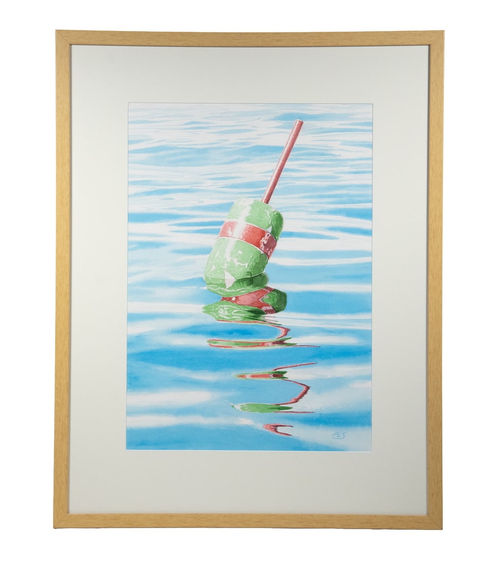 PAUL SHERMAN (CONTEMPORARY DAMARISCOTTA, MAINE): PAUL SHERMAN (CONTEMPORARY DAMARISCOTTA, MAINE) "Blue Ripple", watercolor of lobster buoy reflection, watercolor, initialed lower right, titled verso. In birch box frame, matted under glass. OS: 28