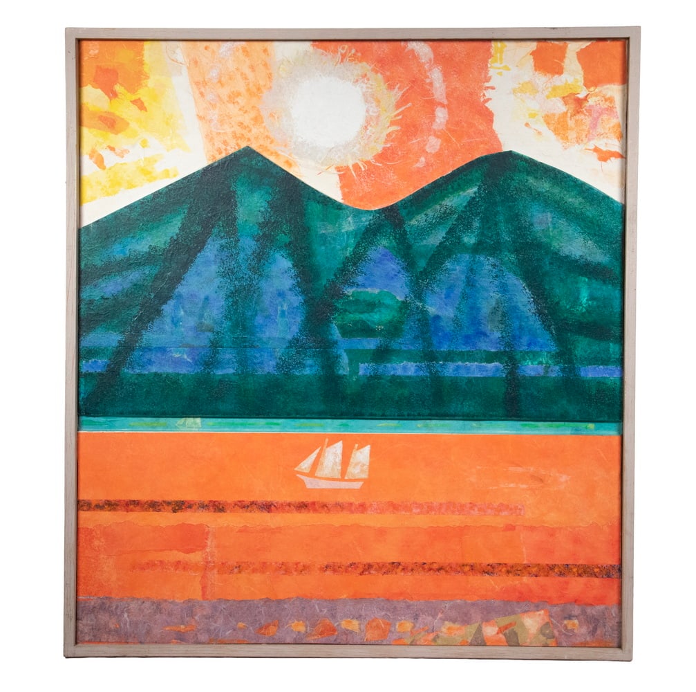 (WILLIAM) SHEVIS (ME/NY, 1925-2010): (WILLIAM) SHEVIS (ME/NY, 1925-2010) Schooner Passing Mountains, acrylic collage on masonite with incomplete study verso, unsigned, tag identifies artist and medium. In grey painted slat frame.