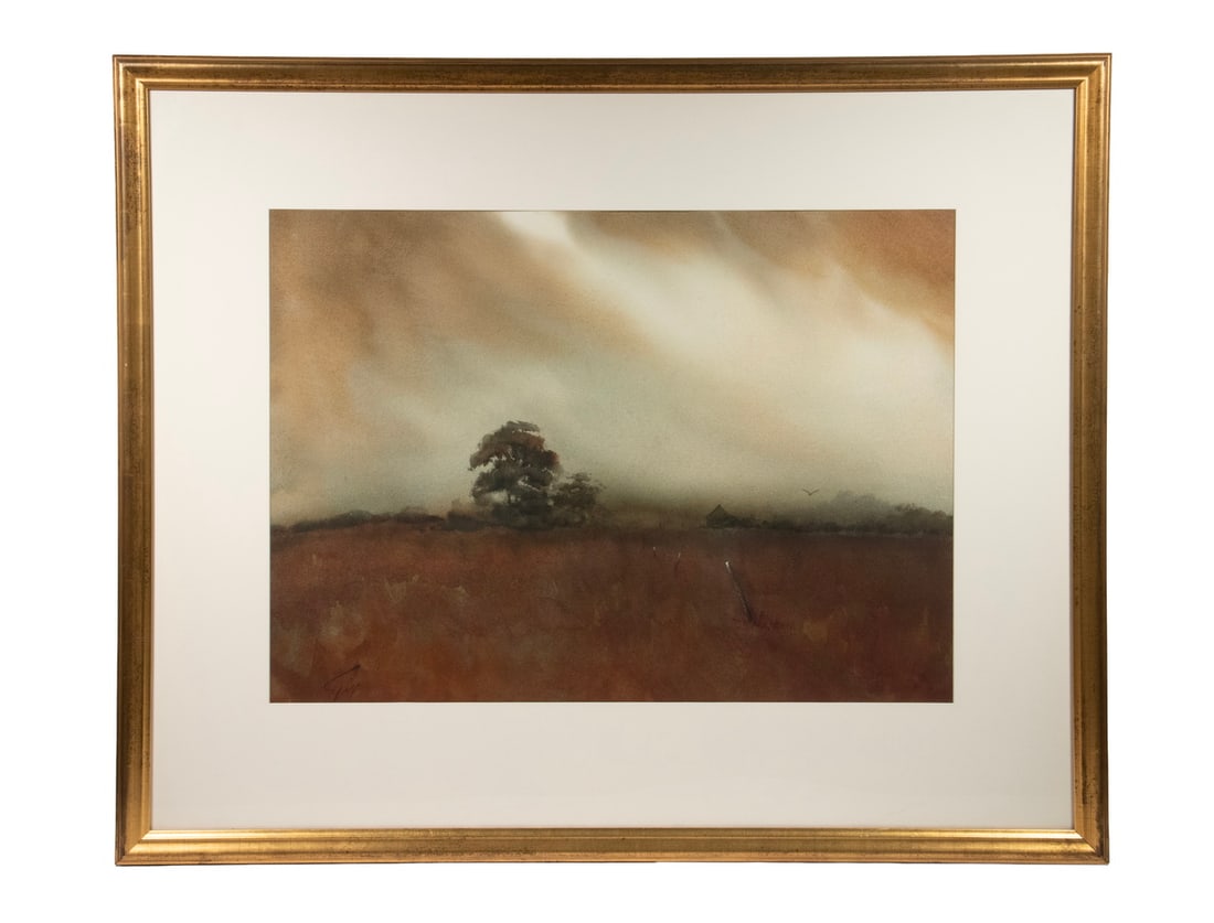 ROBERT SPRING (ME, 1938-2016): ROBERT SPRING (ME, 1938-2016) "The Old Oak", watercolor on Rives paper, signed lower left. In gold molded frame, matted under glass. Label on back gives original price of $1,800. OS: 21 x 38 in. (53.3
