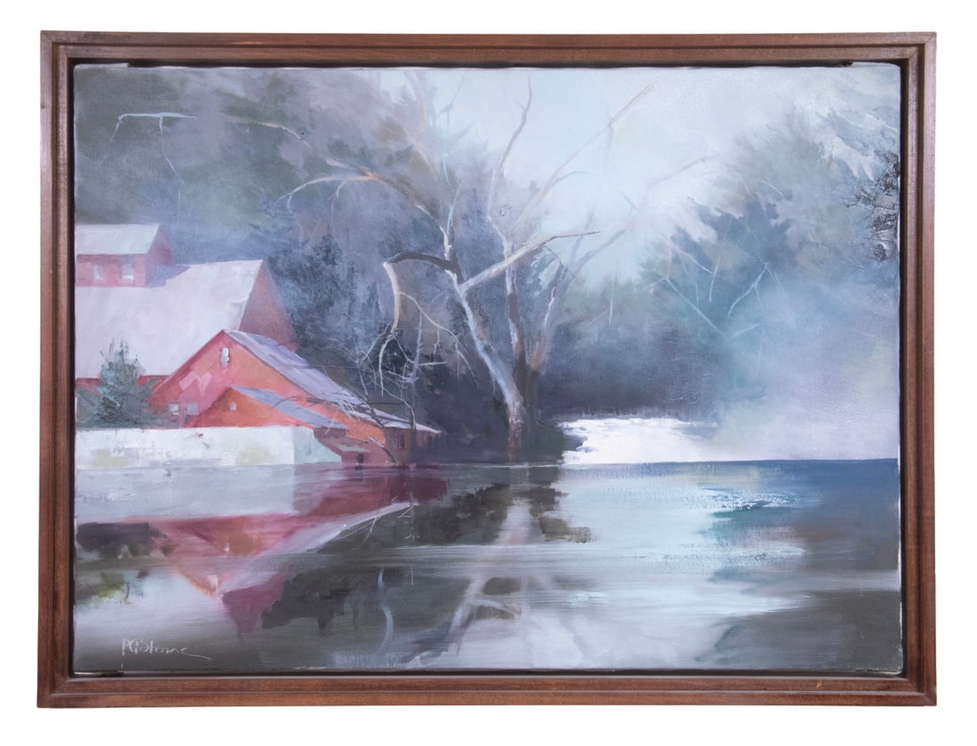 PAUL G. STONE (CONTEMPORARY ME/VT): PAUL G. STONE (CONTEMPORARY ME/VT) River Mill in Winter, oil on canvas, signed lower left, label verso from Vermont framer. In stepped shadow line mahogany frame. OS: 18 1/2 x 23 1/2 in. (47 x 59.7