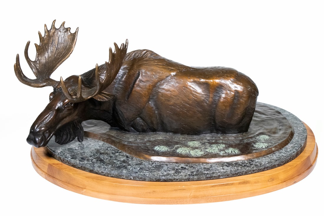 DAVID SMUS (CONTEMPORARY HARMONY, MAINE): DAVID SMUS (CONTEMPORARY HARMONY, MAINE) "Prince of Ponds,"2001, limited edition 17/25, cast bronze with patination, on an oval mahogany mount. Signed, titled, dated, and numbered on the piece.