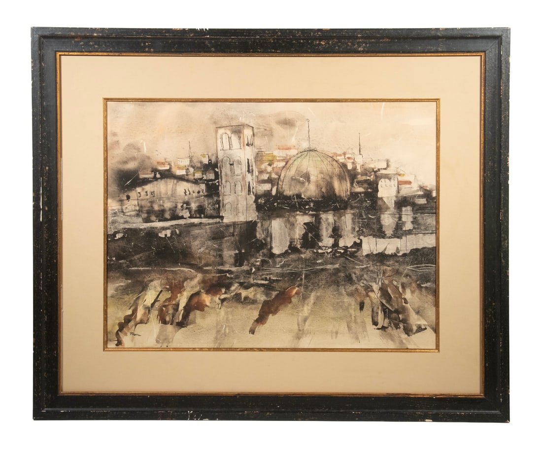 WILLIAM 'BILL' THON (ME/NY/ITALY, 1906-2000): WILLIAM 'BILL' THON (ME/NY/ITALY, 1906-2000) "Skyline of Florence", mixed media on paper, ink and watercolor, signed lower left. In walnut molded black panel frame, matted under UV glass. Thon spent