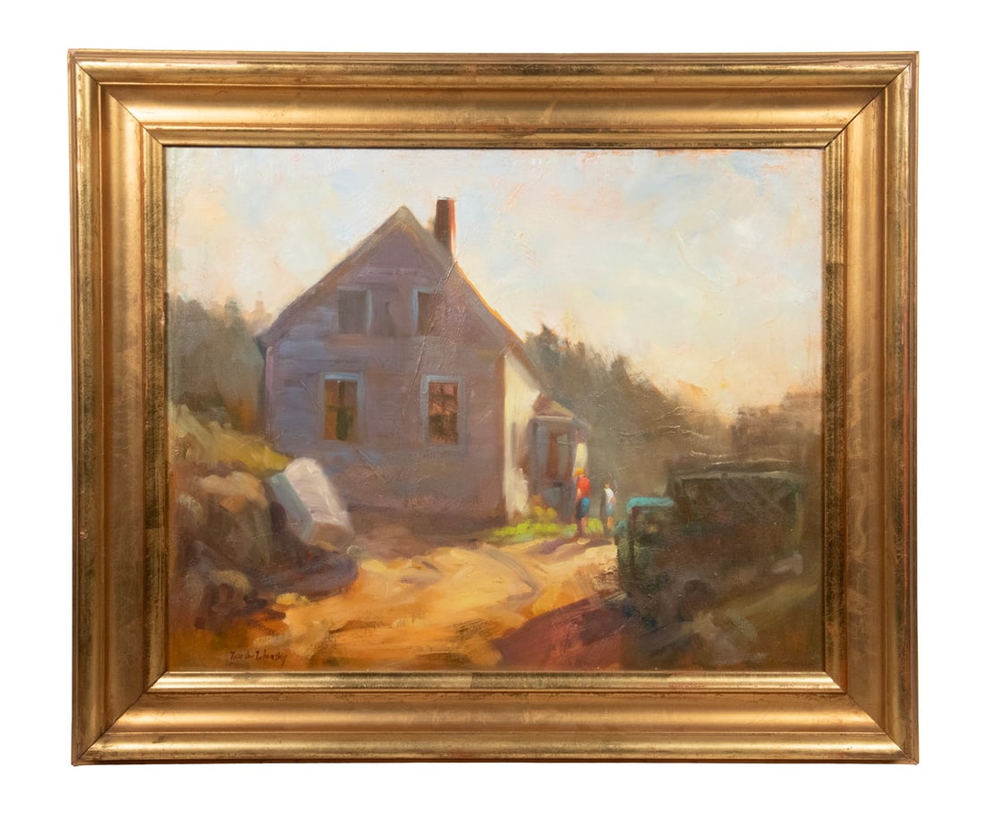 THEODORE TIHANSKY (MAINE, 1953-2019): THEODORE TIHANSKY (MAINE, 1953-2019) Old House on Monhegan Island, oil on birch ply, signed lower left, marked verso "April 1995." In bit-tone gilt molded cove frame. OS: 21 x 25 in. (53.3 x 63.5
