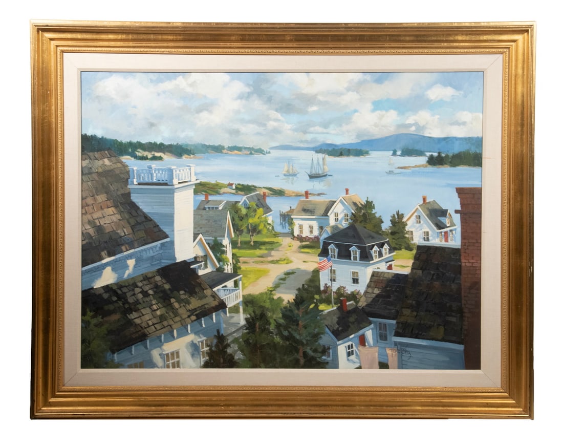 LINE TUTWILER (20TH-21ST C. MAINE): LINE TUTWILER (20TH-21ST C. MAINE) "Coastal Maine Village", oil on canvas, signed lower right, titled verso, with MBNA inventory number. In gold molded cove frame with linen liner. OS: 39 x 49 in.