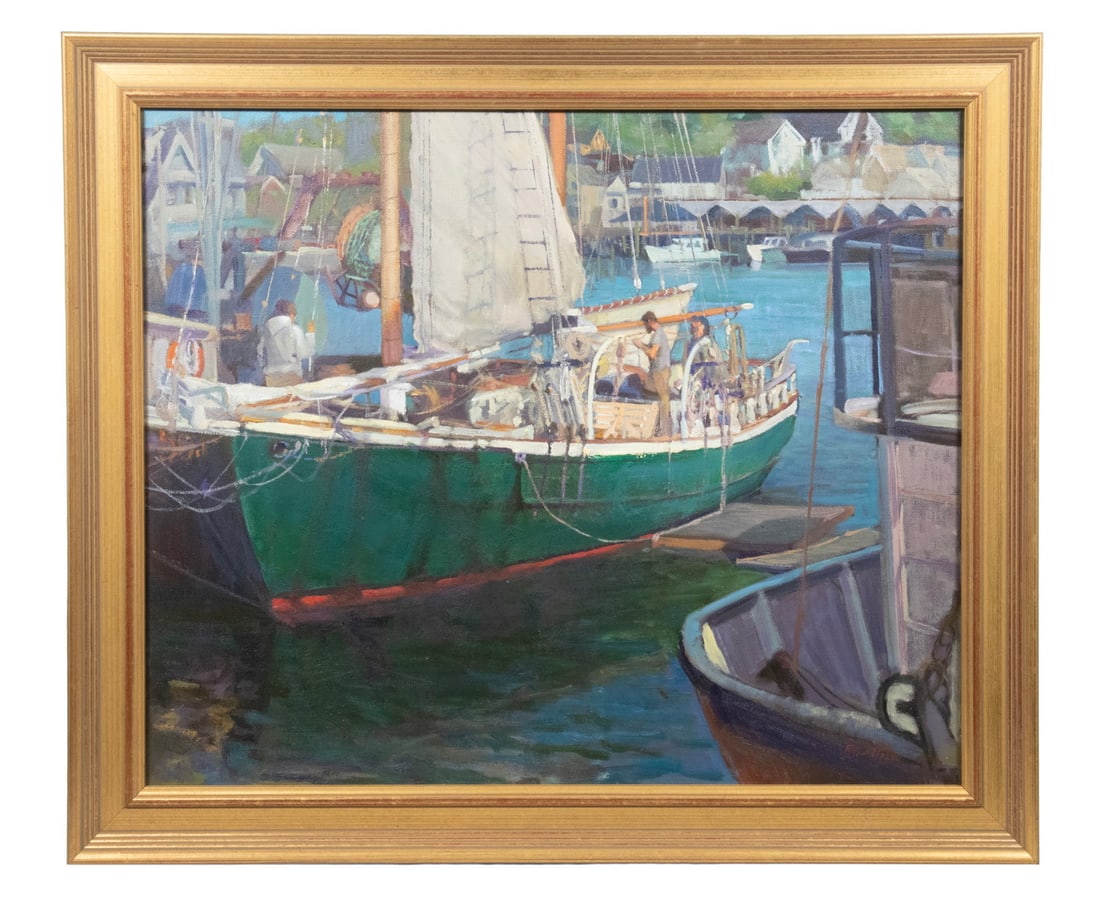PETER YESIS (ME/NJ, 1955 -): PETER YESIS (ME/NJ, 1955 - ) "On the Waterfront," depicting people aboard a docked green hulled sailing yacht, plein-air oil on canvas, signed lower right, also signed and titled verso. In gilt