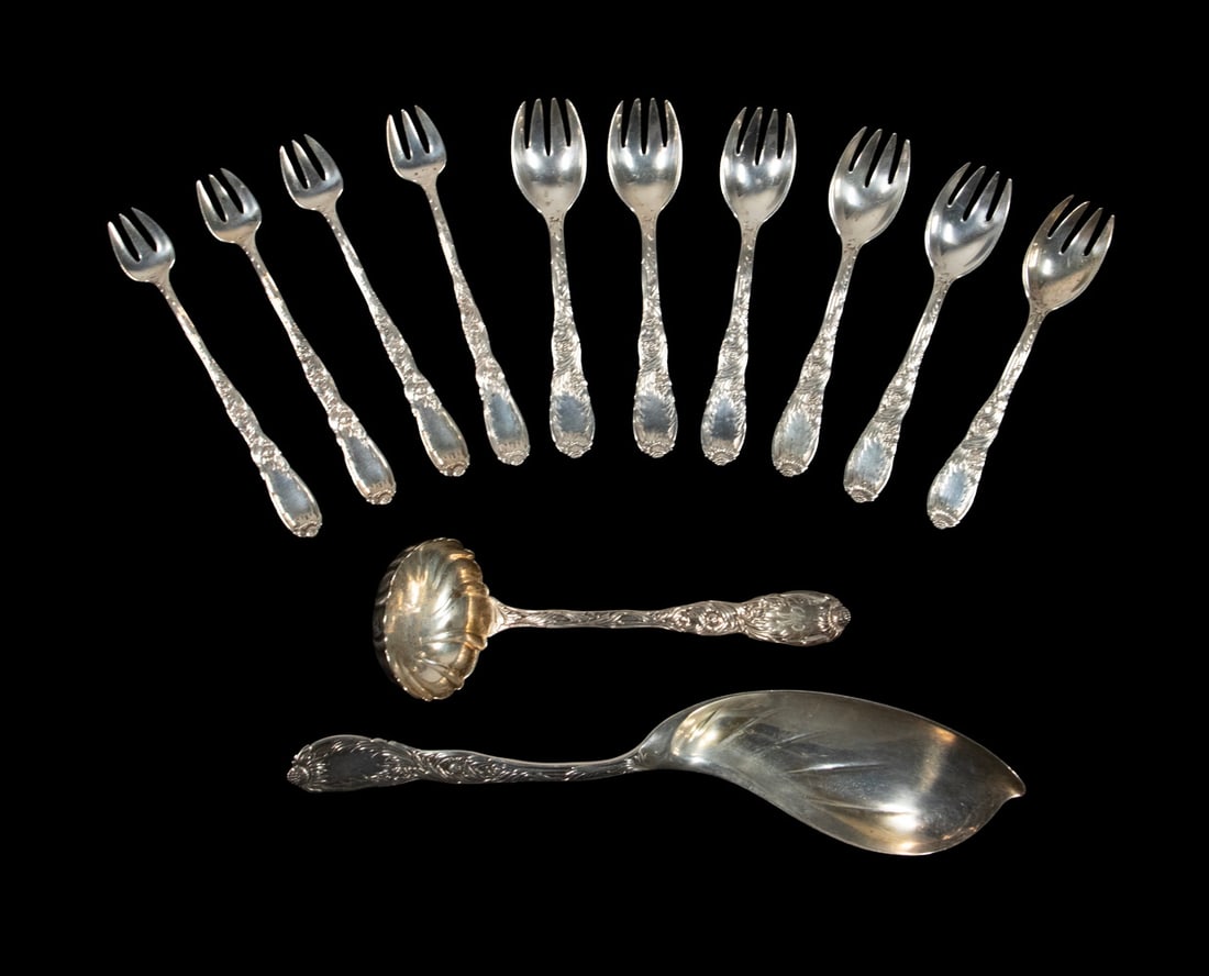 (12 PCS) TIFFANY & CO. "CHRYSANTHEMUM" STERLING FLATWARE: (12 PCS) TIFFANY & CO. "CHRYSANTHEMUM" STERLING FLATWARE Including: (6) Ice cream forks, 5 5/8" long; (4) Cocktail forks, 5 3/4" long; (1) Large ice cream server, 11" long; and (1) Cream/sauce ladle
