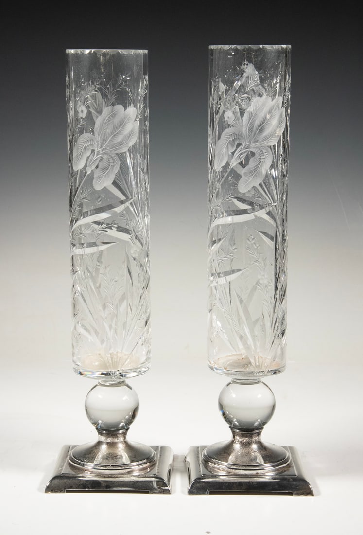 PR LE BRANTZ STERLING MOUNTED CUT GLASS CYLINDER VASES (1 of 2)