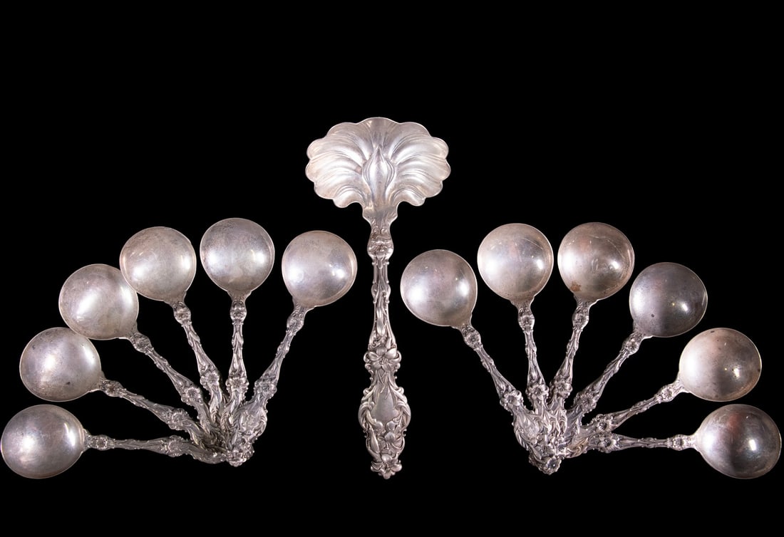 (13) WHITING "LILY" PATTERN STERLING SPOONS & LADLE (1 of 3)