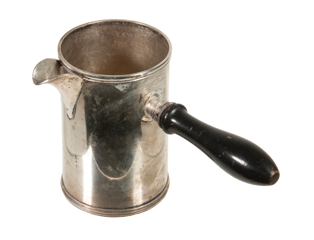 J. BEER EARLY GERMAN SILVER BRANDY WARMER: J. BEER EARLY GERMAN SILVER BRANDY WARMER Late 18th - Early 19th c. 812-Silver Brandy Warmer, with wooden handle, with tapered cylindrical shape, stamped on the base "13" and with maker's mark