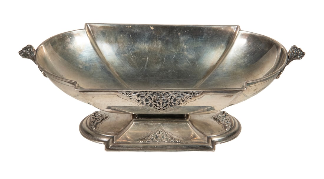 OVAL SILVER FOOTED BOWL WITH LION HEAD SIDE HANDLES: OVAL SILVER FOOTED BOWL WITH LION HEAD SIDE HANDLES Fancy Vintage Oblong Serving Bowl, probably Middle Eastern, with engraved and filigree overlay decoration, applied lion head side handles, set on a
