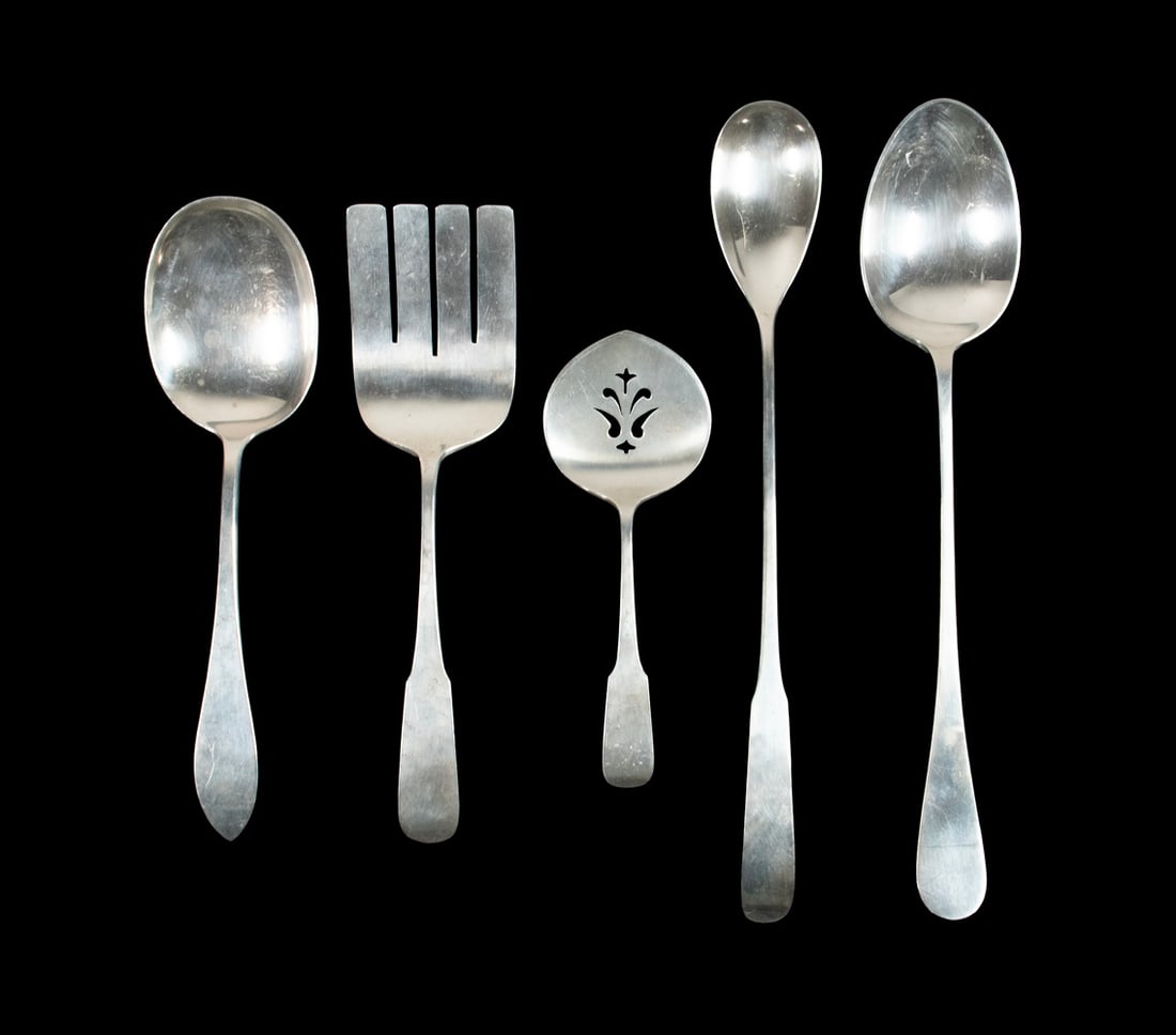 (5) OLD NEWBURY CRAFTERS STERLING SILVER SERVING PIECES: (5) OLD NEWBURY CRAFTERS STERLING SILVER SERVING PIECES Collection of (5) Vintage Hand Wrought Sterling Silver Utensils, by Old Newbury Crafters of Newburyport, MA, ca. mid-20th century. Includes: (3