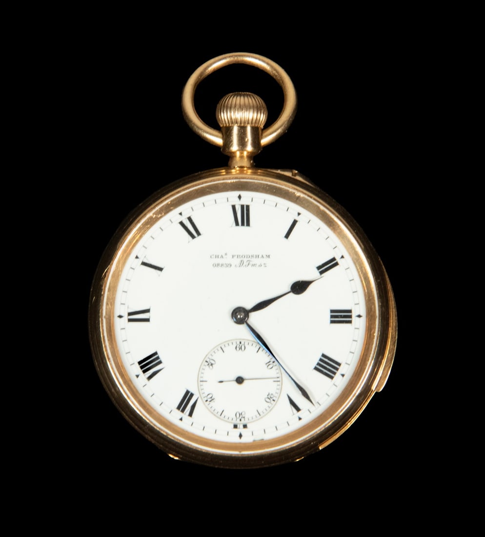 CHARLES FRODSHAM 18K GOLD POCKETWATCH: CHARLES FRODSHAM 18K GOLD POCKETWATCH Stunning, Late 19th Century 18K Gold Charles Frodsham, Open Face Minute Repeater Pocket Watch. Approximate 47.5mm case size with the initials "EBM" engraved on