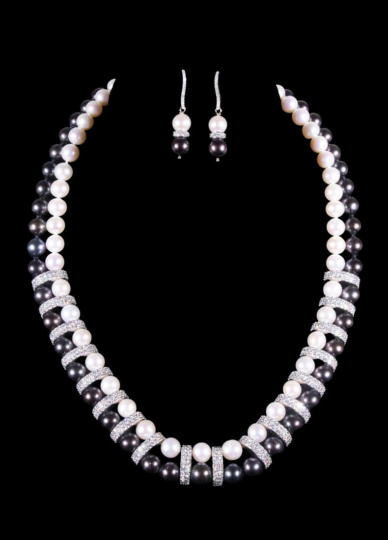 (2 PC) PLATINUM, GOLD CULTURED PEARL AND LAB-GROWN DIAMOND JEWELRY SUITE (1 of 3)
